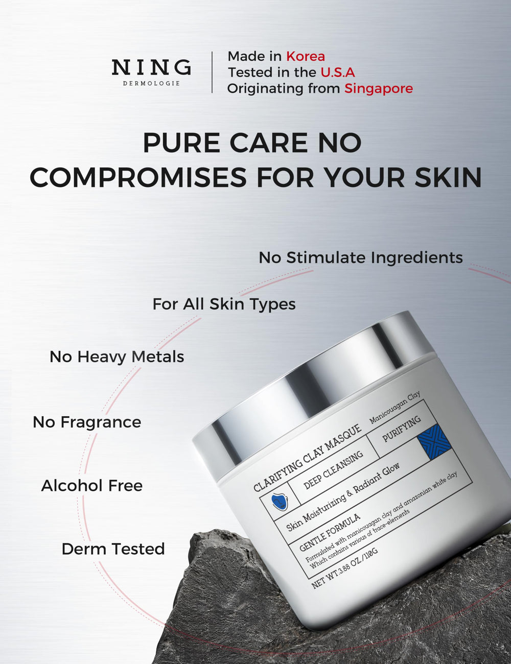 NING DERMOLOGIE clay mask texture-closeup reveals purifying mud and smooth skin after use.