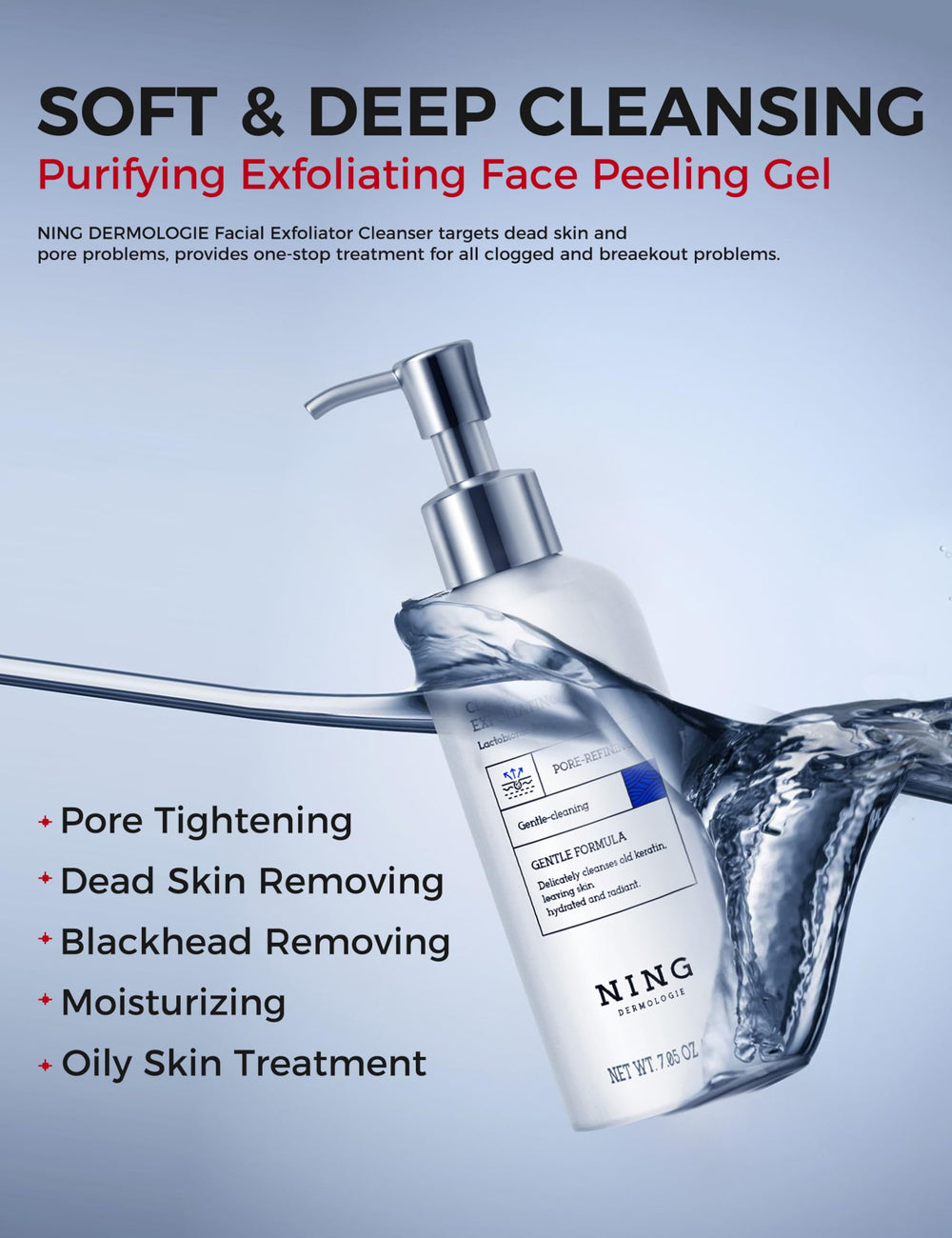 NING DERMOLOGIE Exfoliating gel texture close-up hints gentle chemical exfoliation.