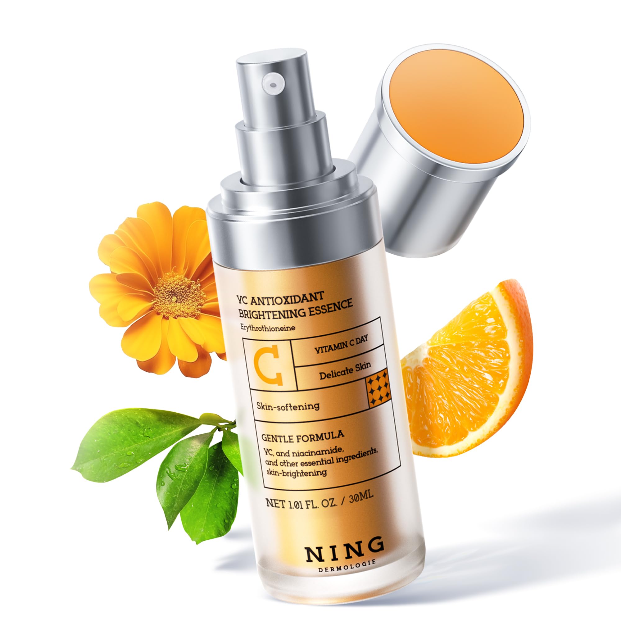 NING DERMOLOGIE Vitamin C serum bottle closeup for radiant skin glow