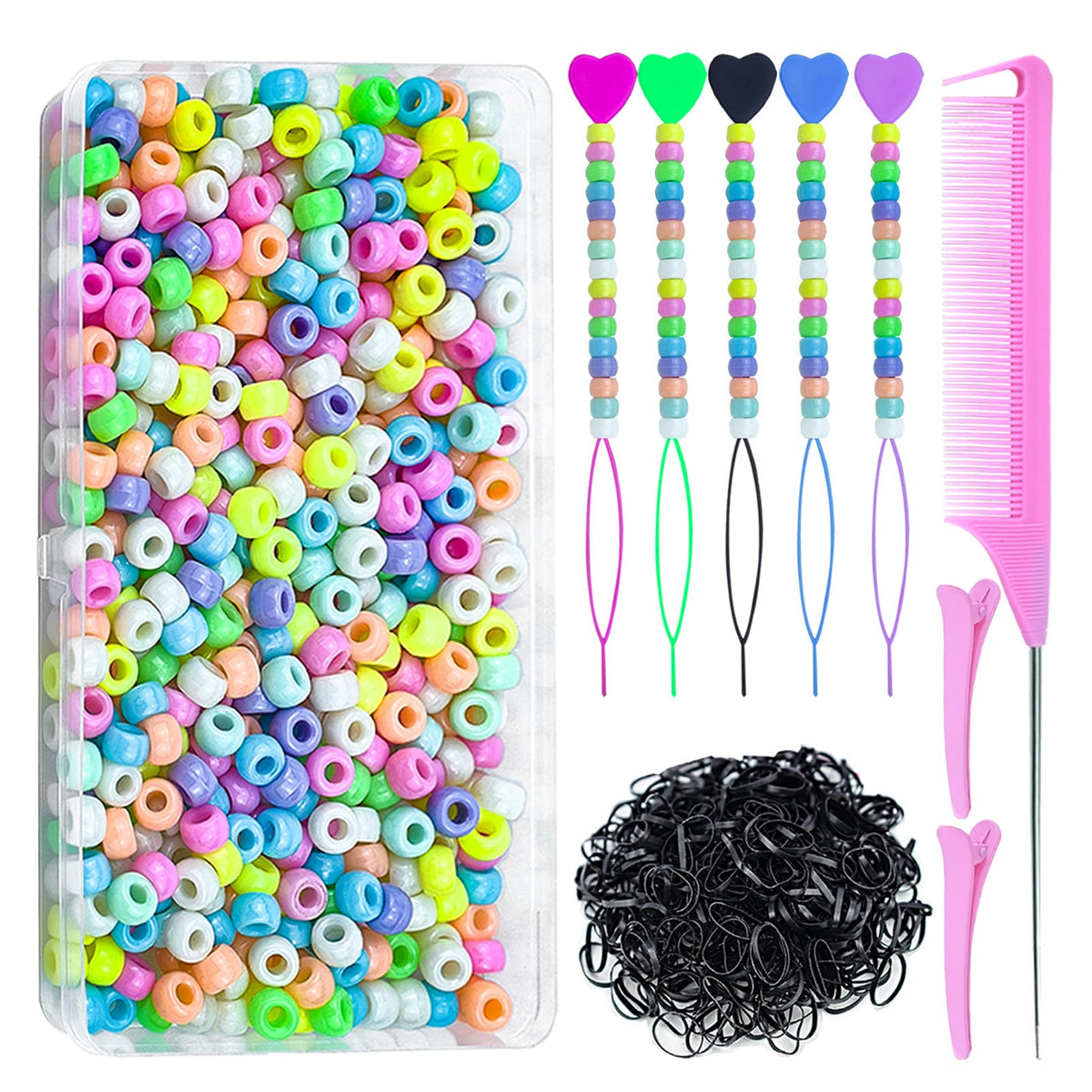 Ningrou 1008 Pcs Hair Beads Set packaging with colorful beads and tools for kids' braids