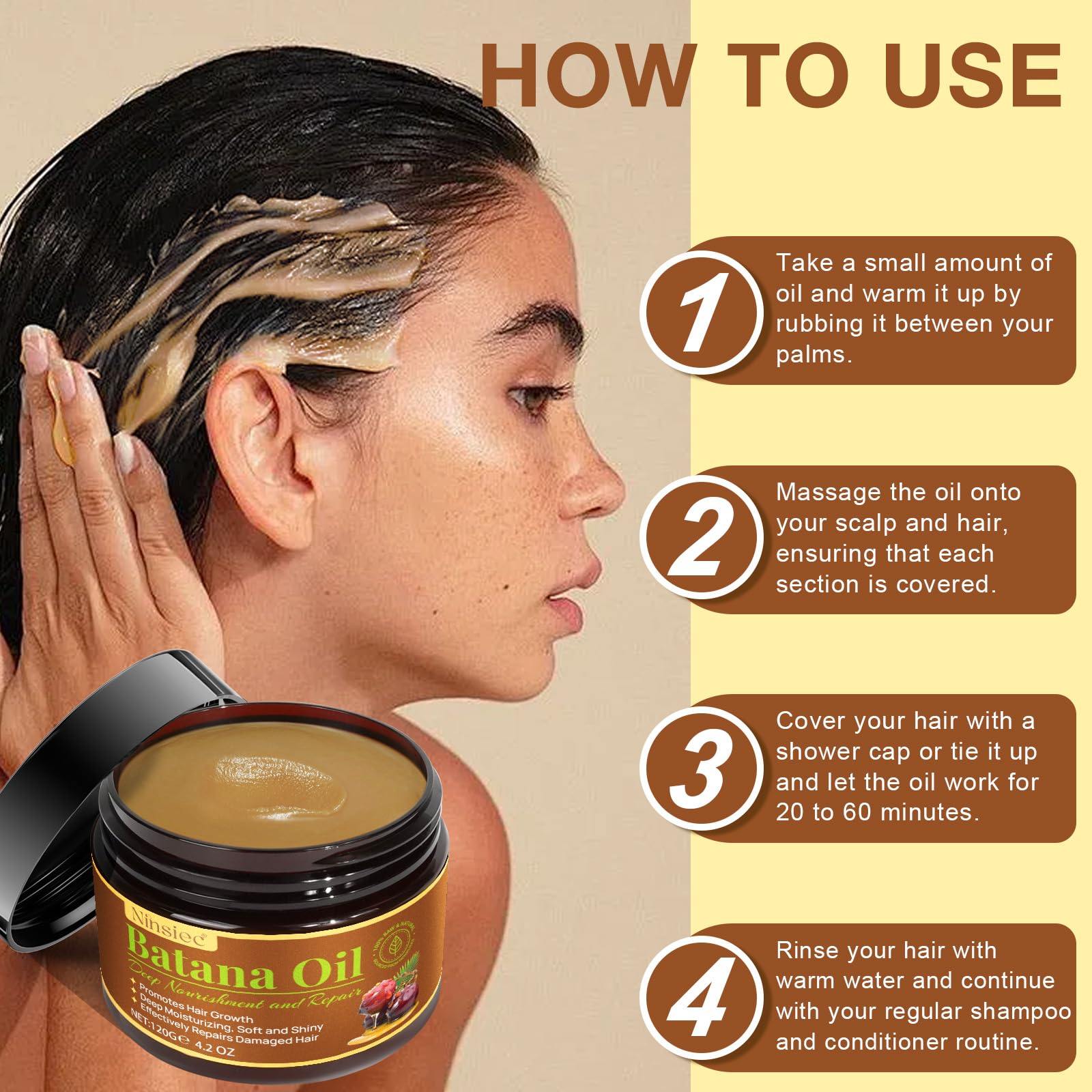 Ninsiec Batana Oil ingredients closeup notes palmitic acid and antioxidants.