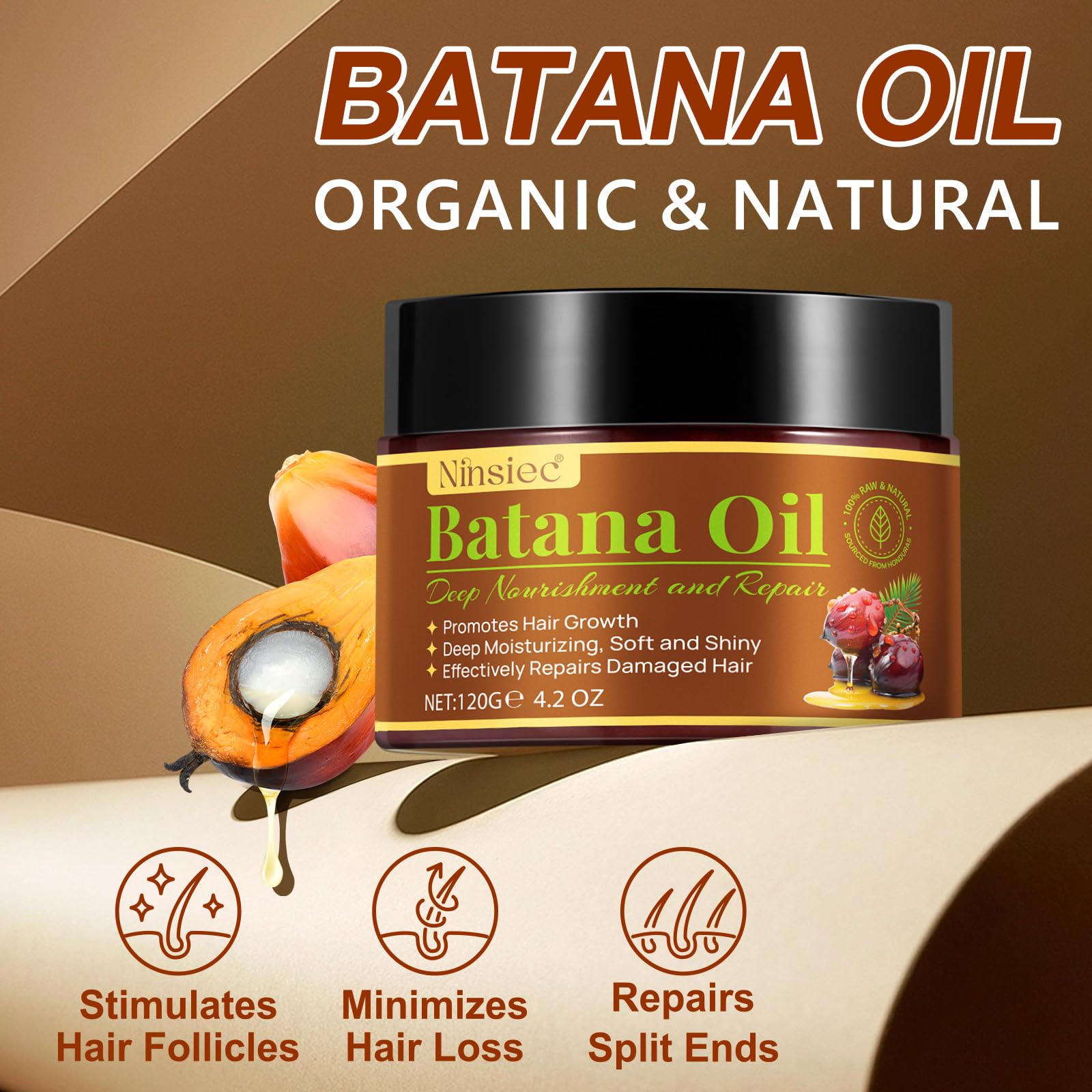 Ninsiec Batana Oil label closeup emphasizes vitamin E rich unrefined care.