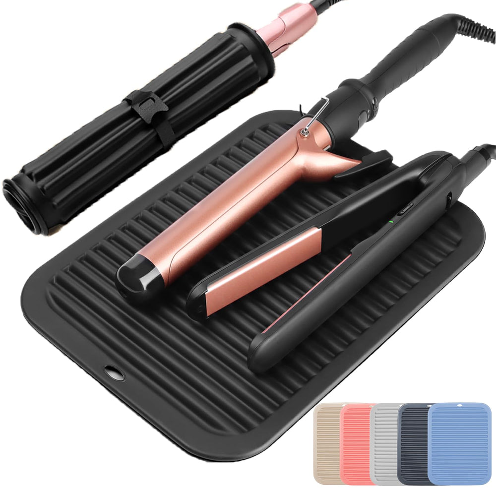 Ninwod large silicone heat resistant mat laid flat with curling irons for organized counter space.