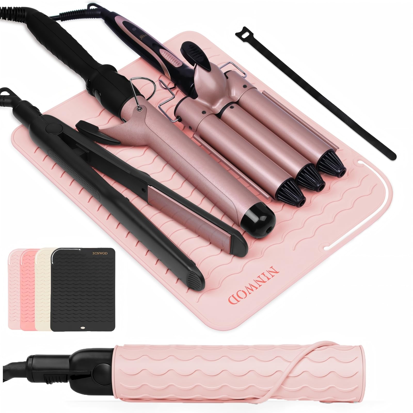 Ninwod oversize silicone heat resistant mat pink on counter showing ample workspace for styling tools
