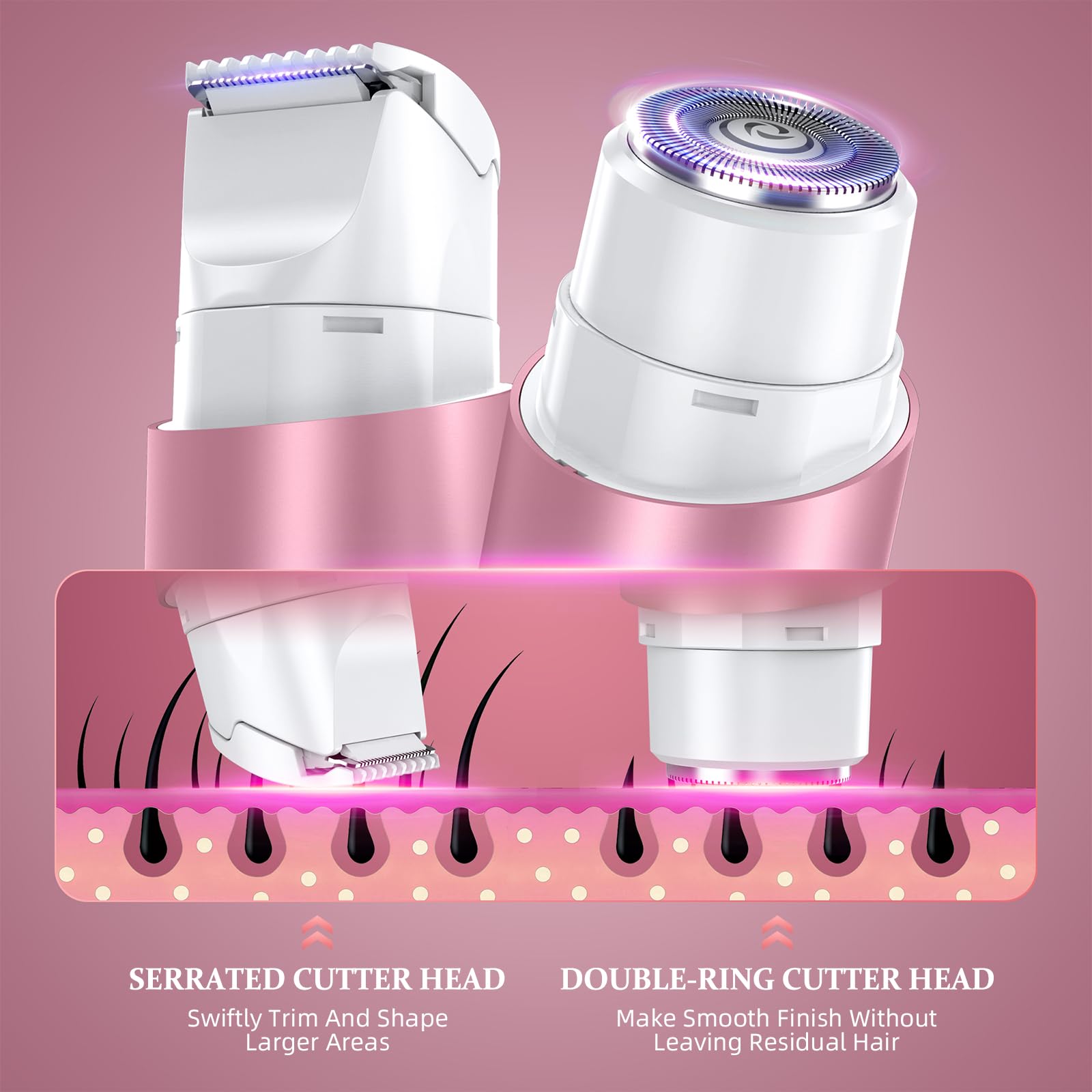 NIPOO Bikini Trimmer dual-head close-up highlighting efficient trimming and smoothing blades