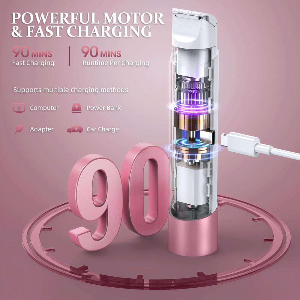 NIPOO Bikini Trimmer USB-C charging scene emphasizing cordless convenience on the go
