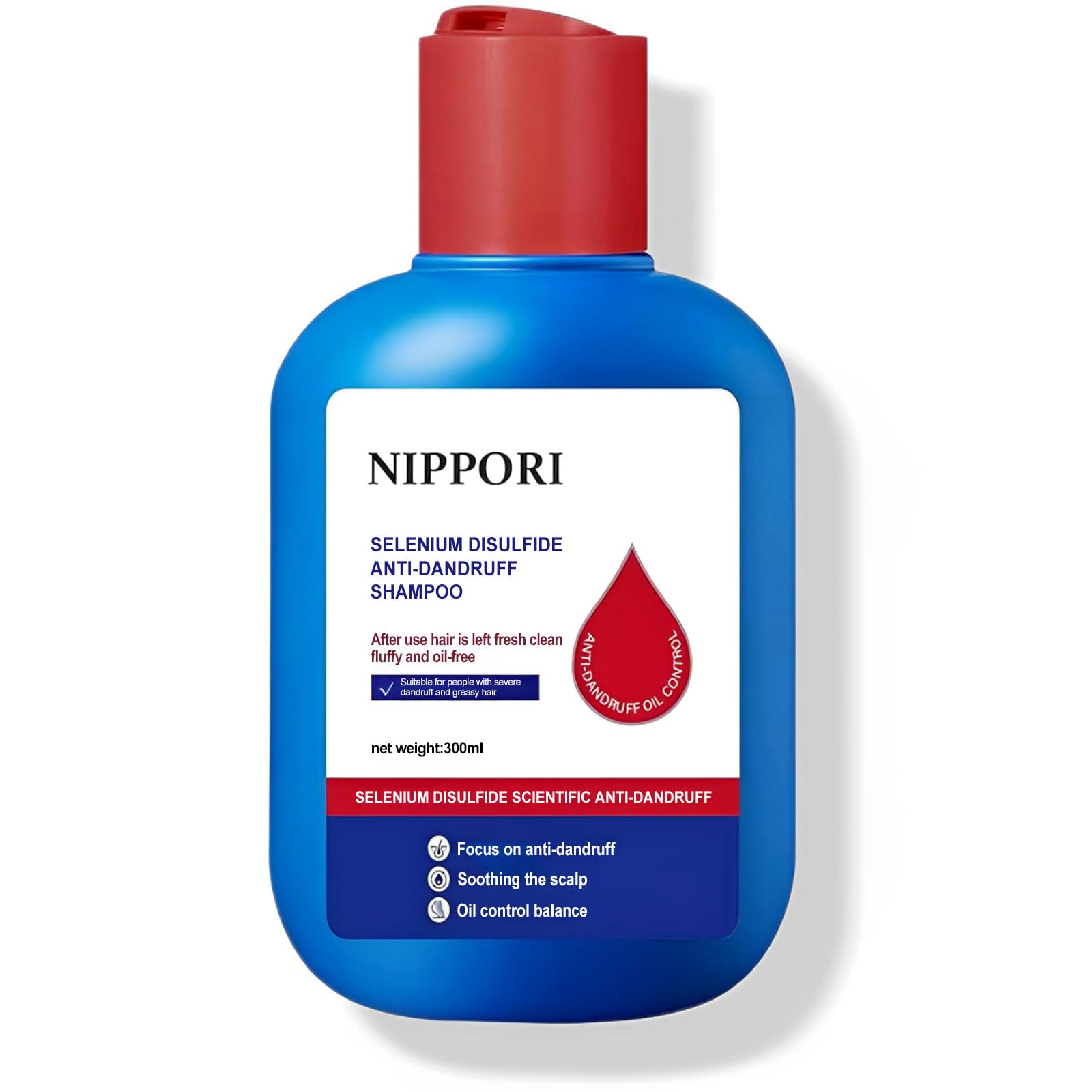 NIPPORI shampoo bottle front view highlights anti-dandruff care for all hair types.