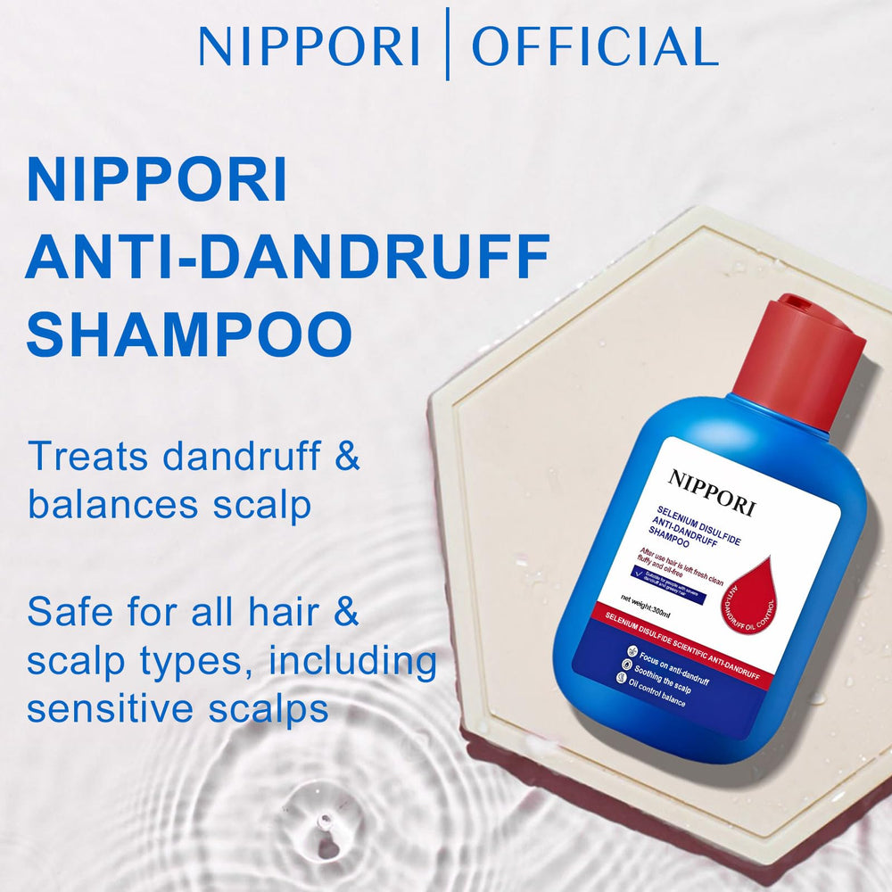 NIPPORI shampoo pour action demonstrates balanced application for cleaner scalp and oil control.