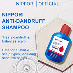 NIPPORI shampoo pour action demonstrates balanced application for cleaner scalp and oil control.