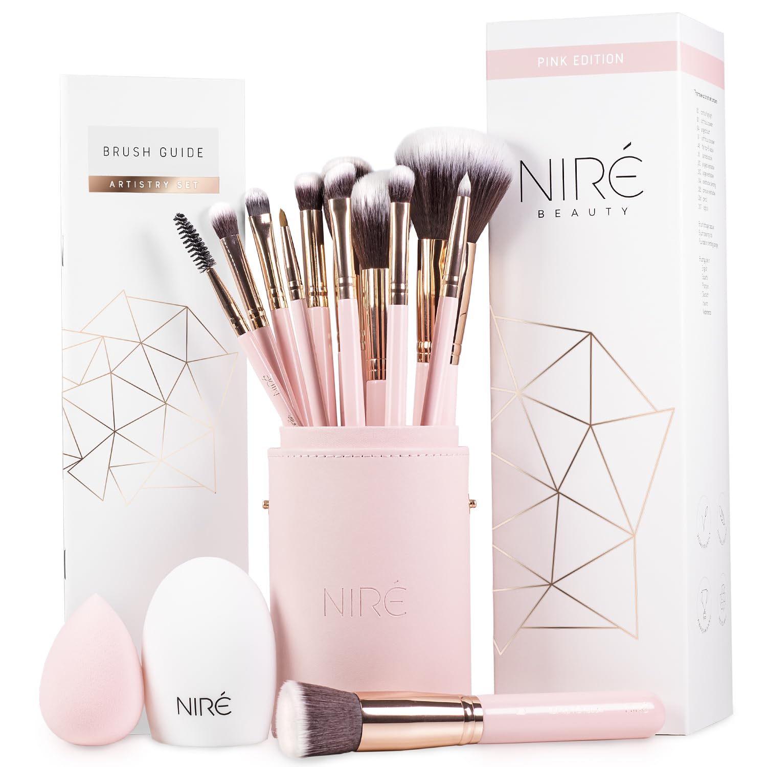 Nire pink makeup brush set with case for organized travel-ready makeup application.