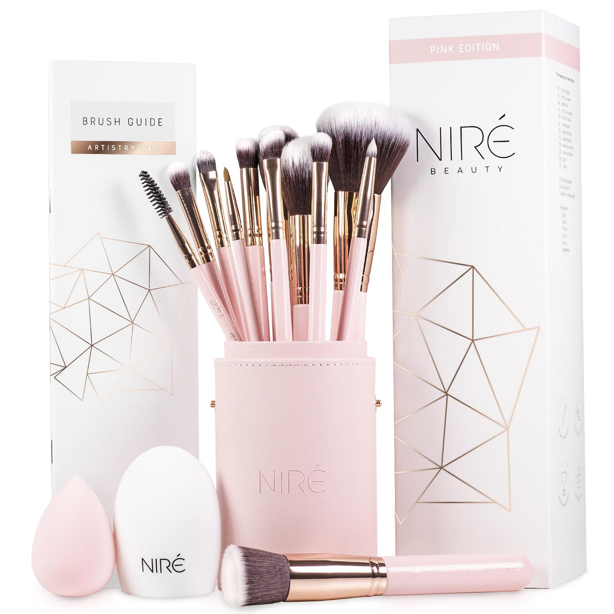 Nire pink makeup brush set with case for organized travel-ready makeup application.