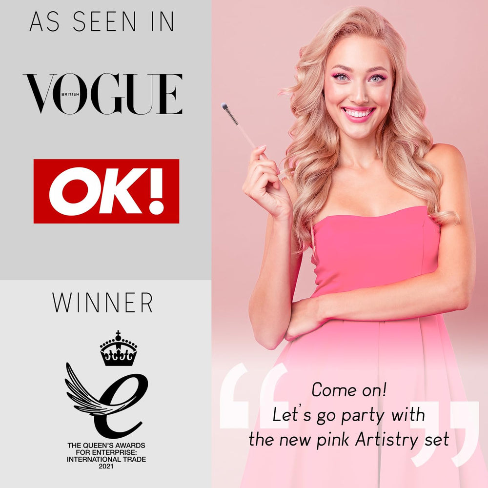 Nire pink makeup sponge paired with brushes for smooth foundation application.