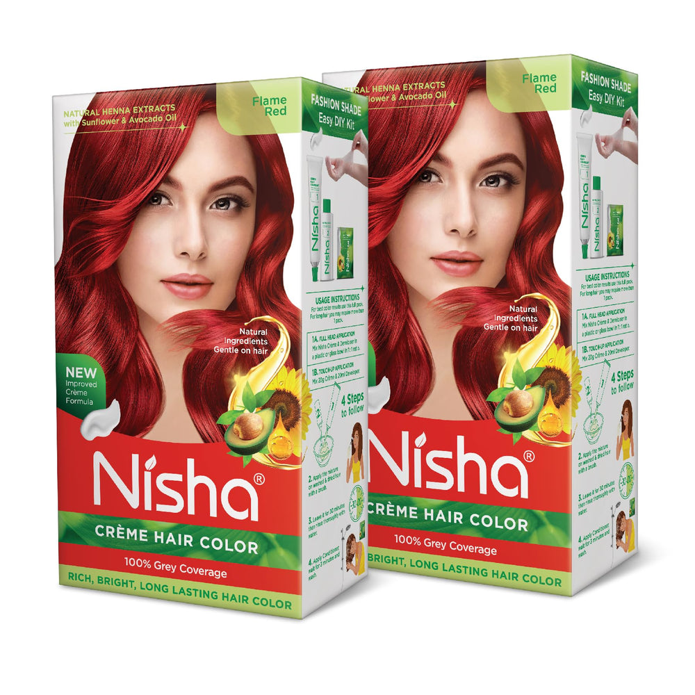 Nisha Flame Red cream hair color box with two-pack for vibrant long-lasting coverage