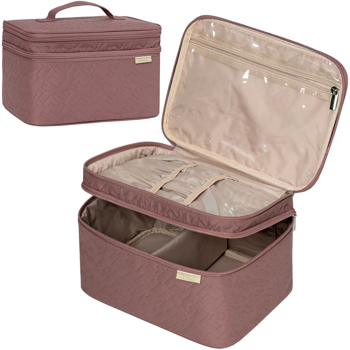 NISHEL travel makeup bag top compartment keeps brushes organized on the go