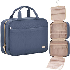 NISHEL travel toiletry bag hanging in Aegean blue for easy access on trips