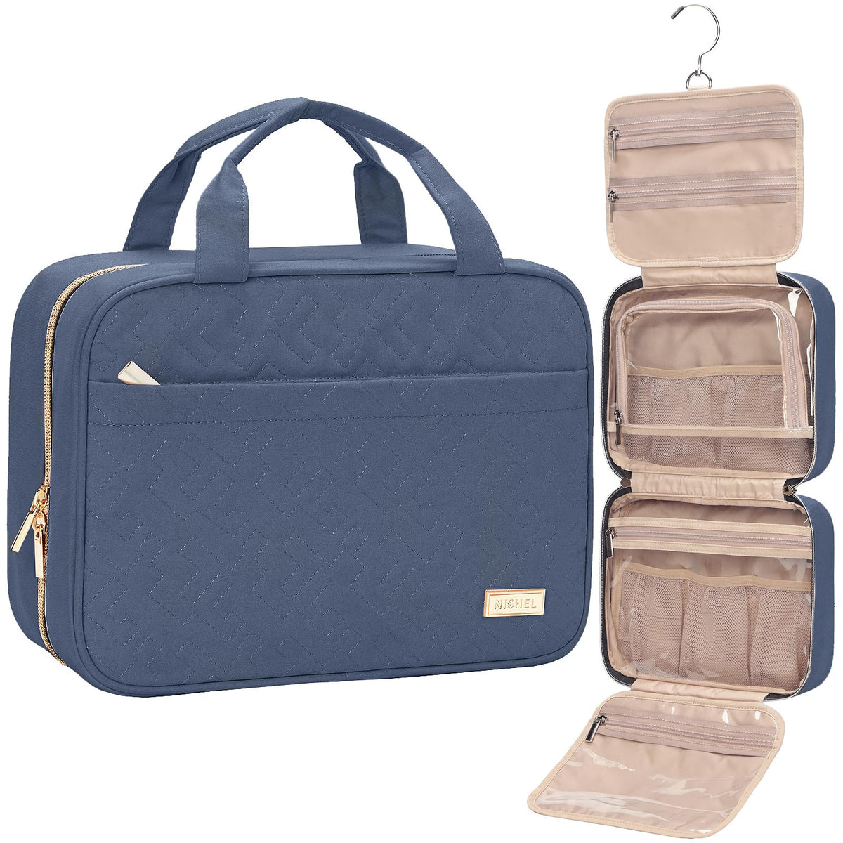 NISHEL travel toiletry bag aegean blue with open compartments for easy cosmetics access on the go