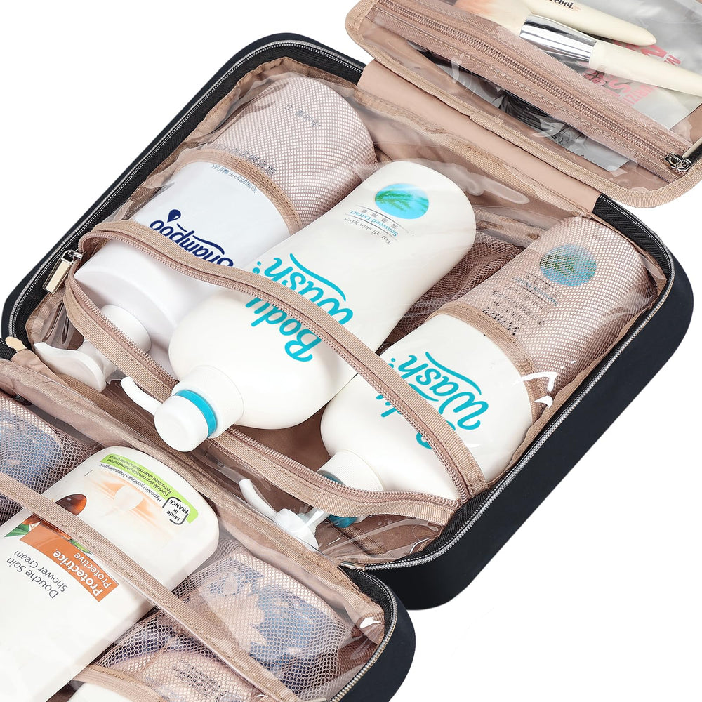NISHEL travel toiletry bag black fabric emphasizes durable travel companion.