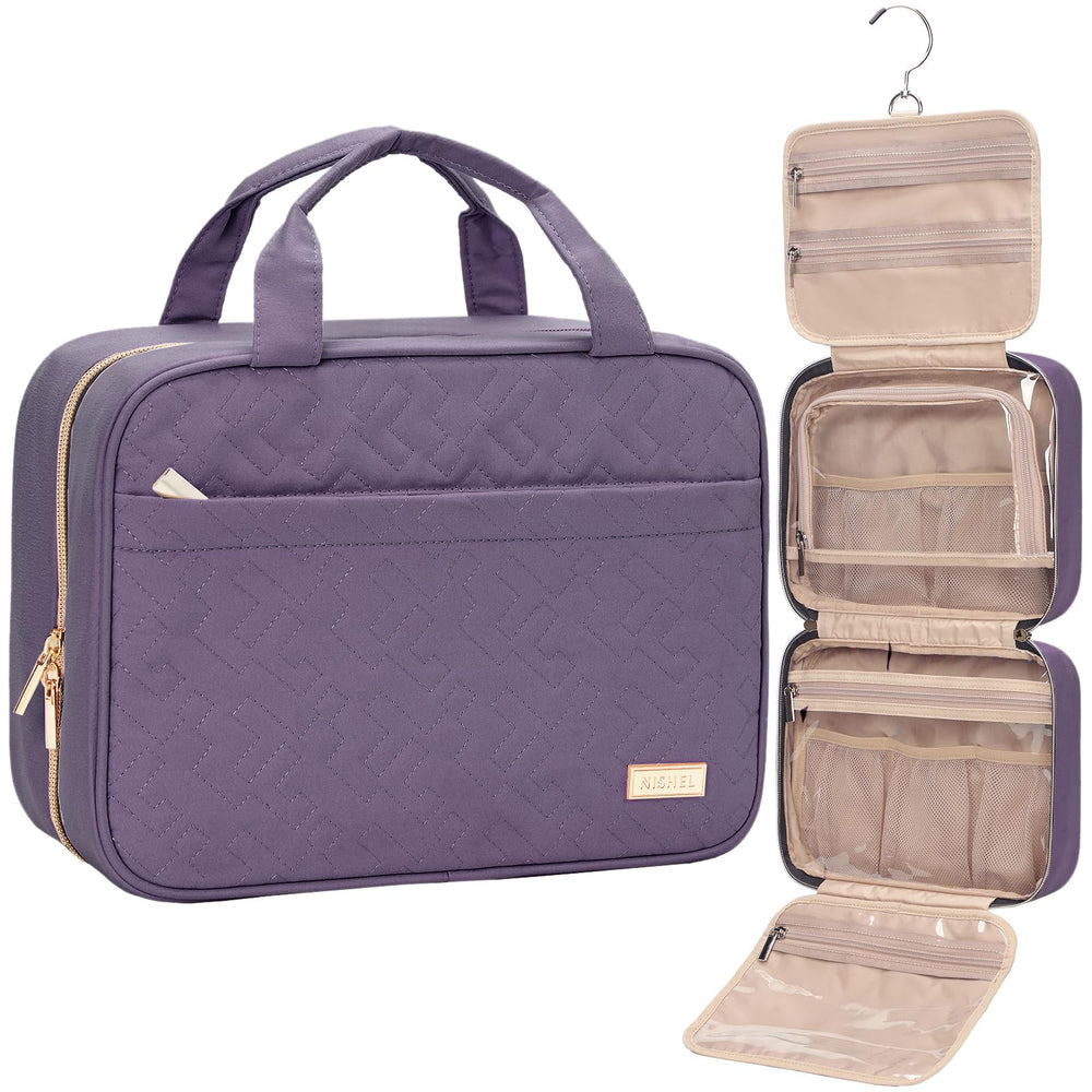 NISHEL travel toiletry bag compact size showing organized cosmetics for easy packing on trips.