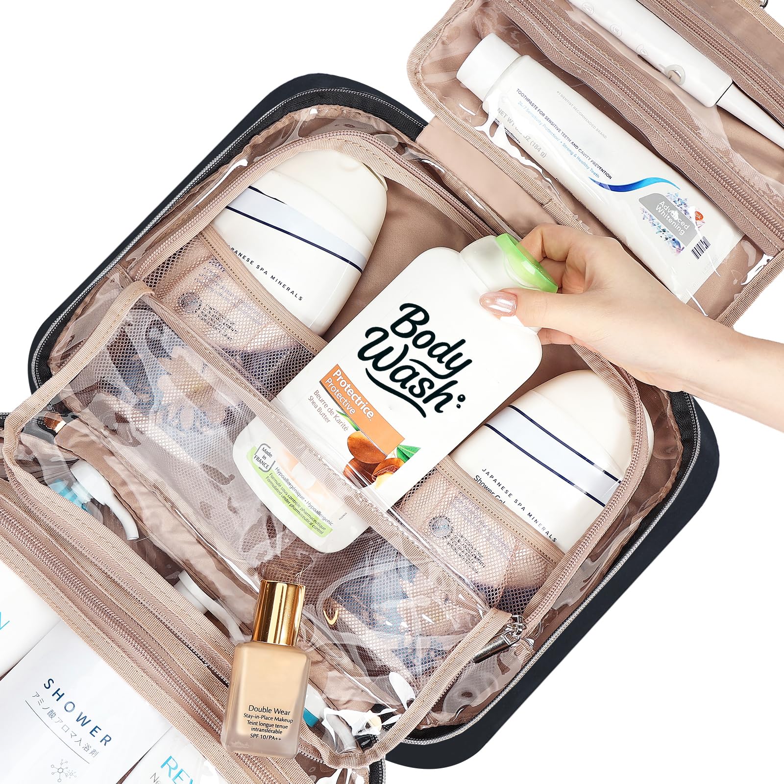 NISHEL travel toiletry bag hanger enhances accessibility with quick front-pocket access.