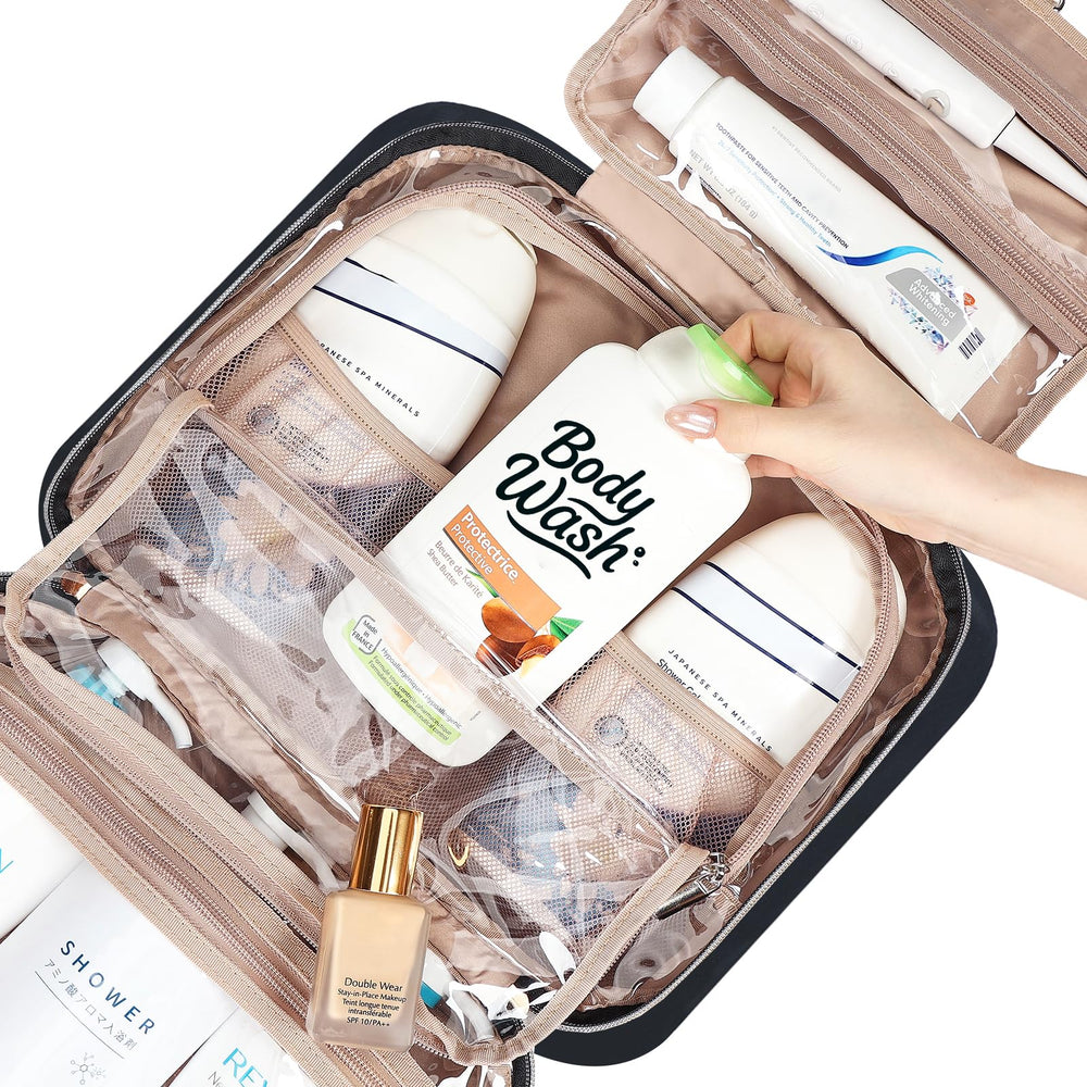 NISHEL travel toiletry bag hanger enhances accessibility with quick front-pocket access.