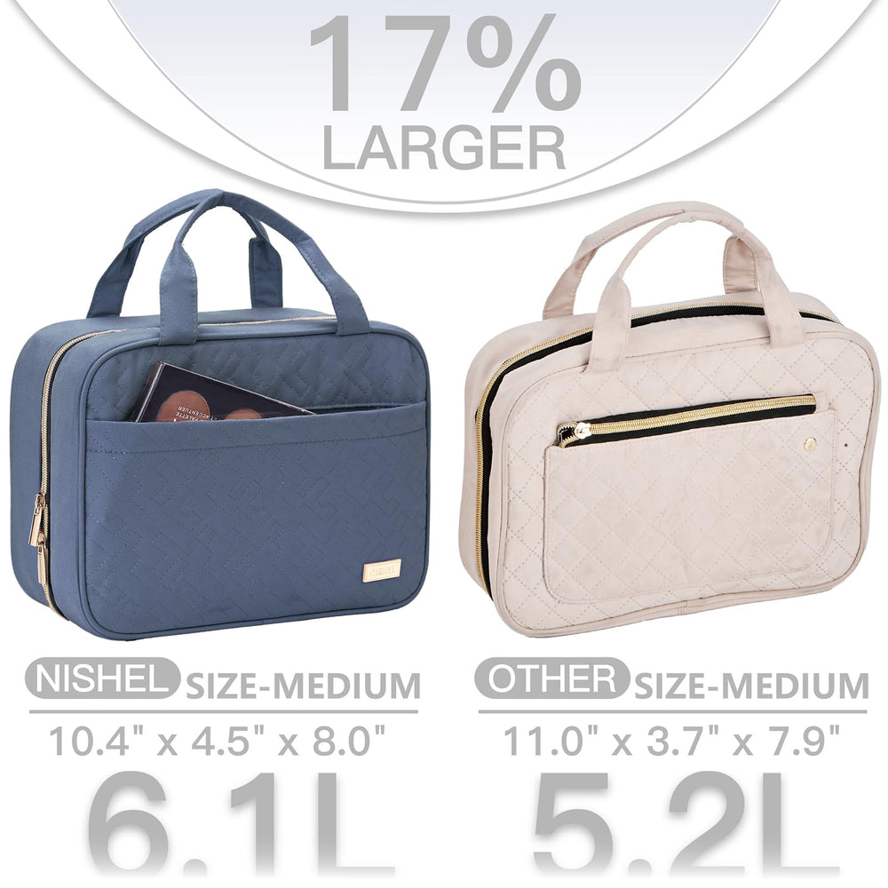 NISHEL travel toiletry bag hanging-display enables hands-free access during travel