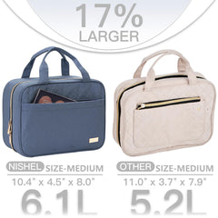 NISHEL travel toiletry bag hanging-display enables hands-free access during travel