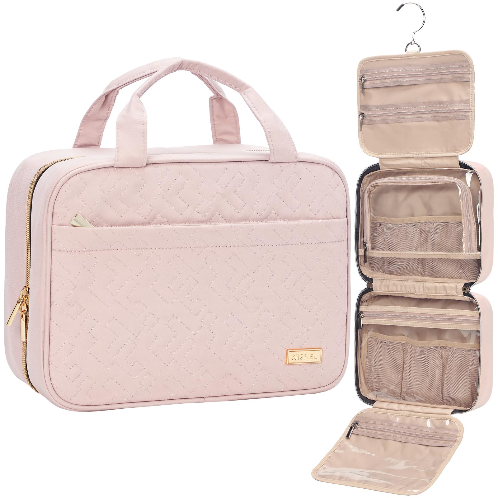 NISHEL travel toiletry bag hanging setup keeps essentials within easy reach.