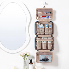 NISHEL bag lake-blue hanging demonstrates easy access in hotels or gym lockers.