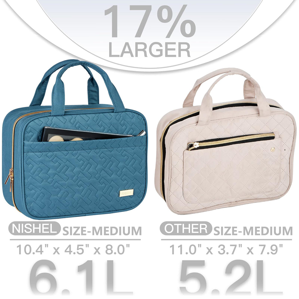 NISHEL travel bag lake-blue interior reveals four compartments for neat cosmetics and toiletries.