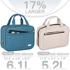 NISHEL travel bag lake-blue interior reveals four compartments for neat cosmetics and toiletries.