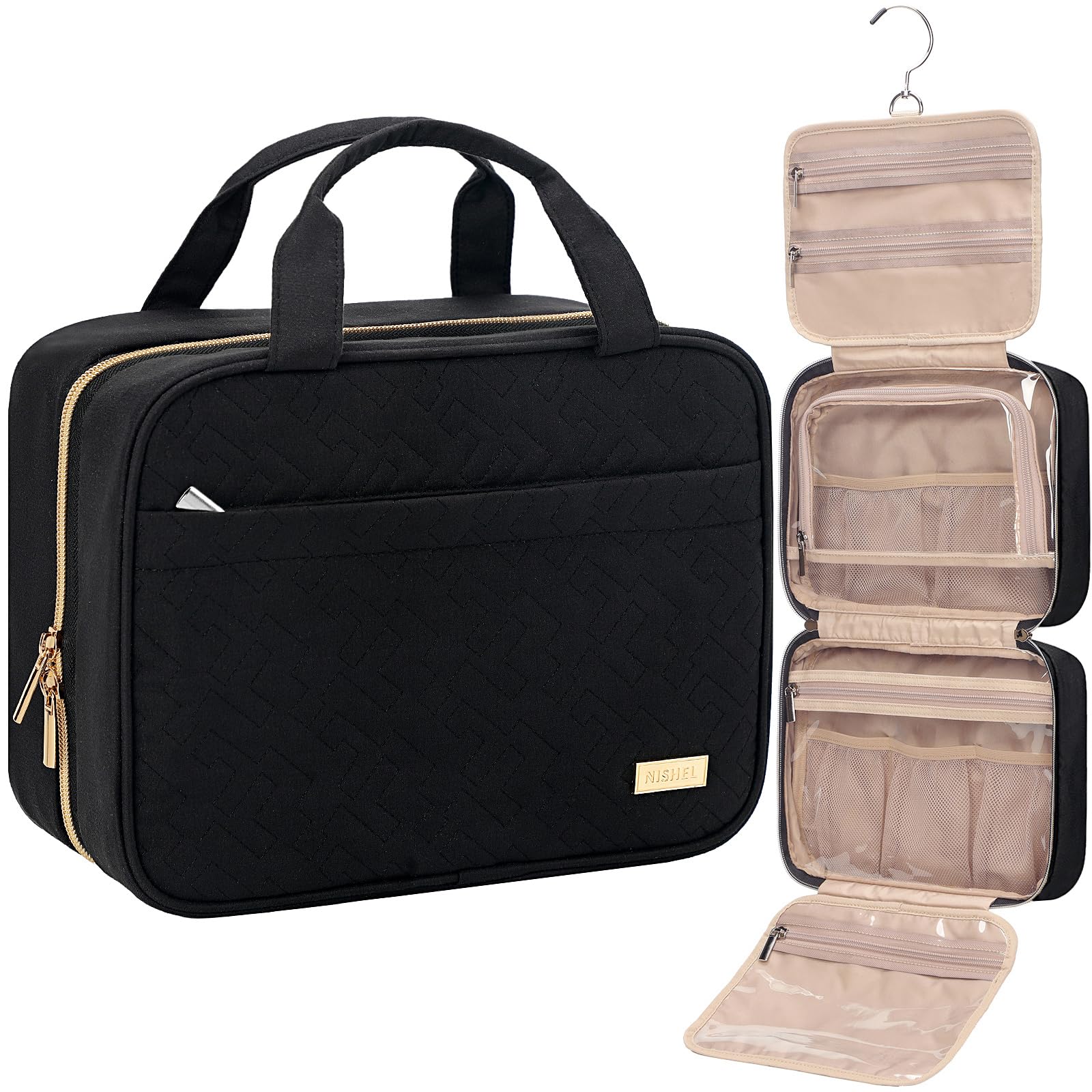 NISHEL Travel Toiletry Bag opened to reveal organized compartments for cosmetics and skincare, aiding quick access