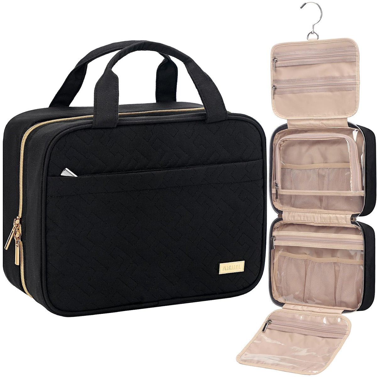NISHEL Travel Toiletry Bag opened to reveal organized compartments for cosmetics and skincare, aiding quick access