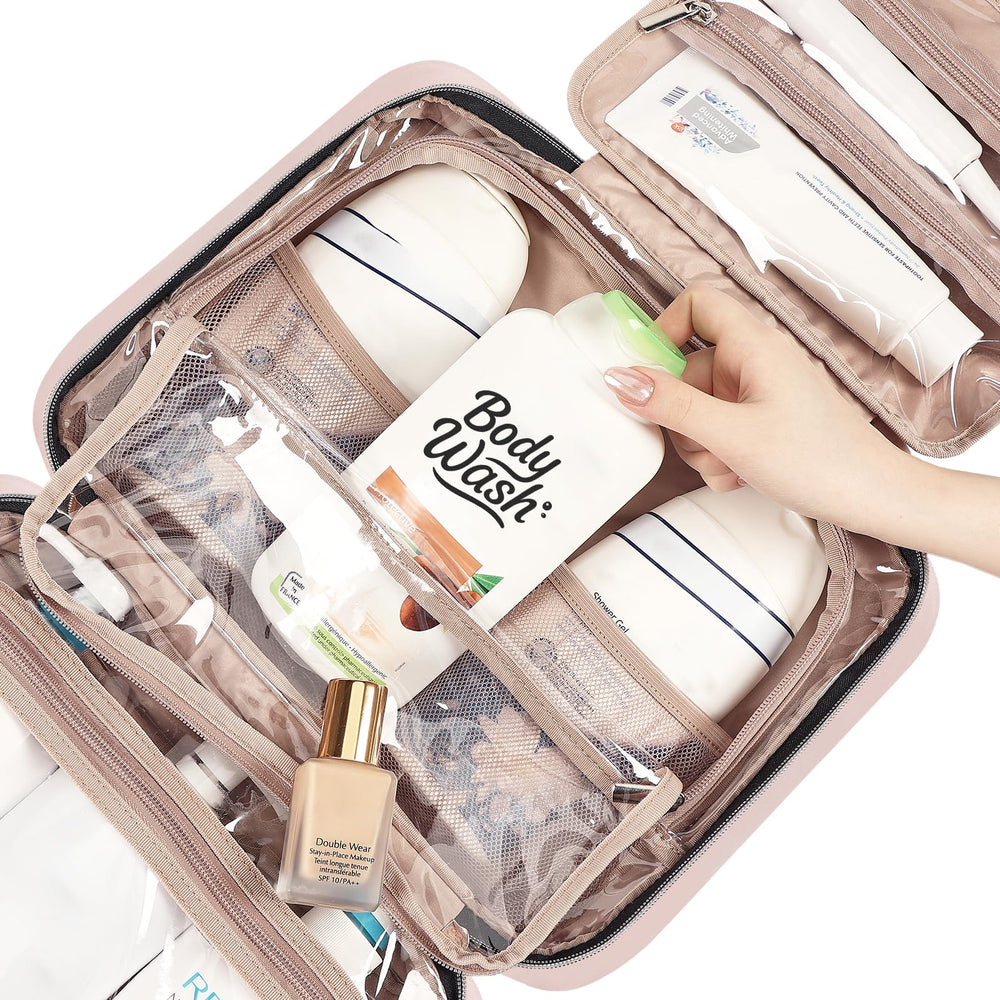 NISHEL pink travel toiletry bag folds compactly to save luggage space.