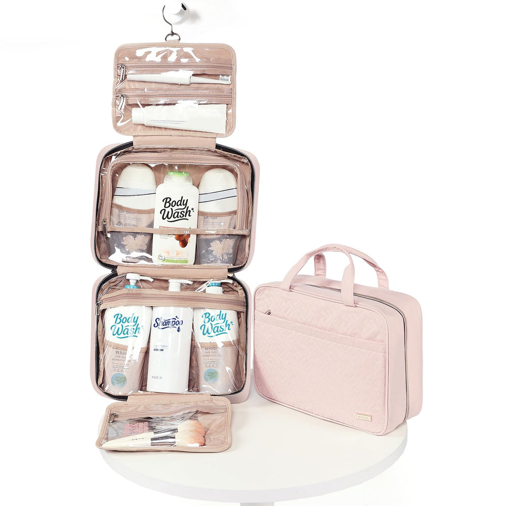 NISHEL pink travel toiletry bag features a front pocket for quick-access essentials.