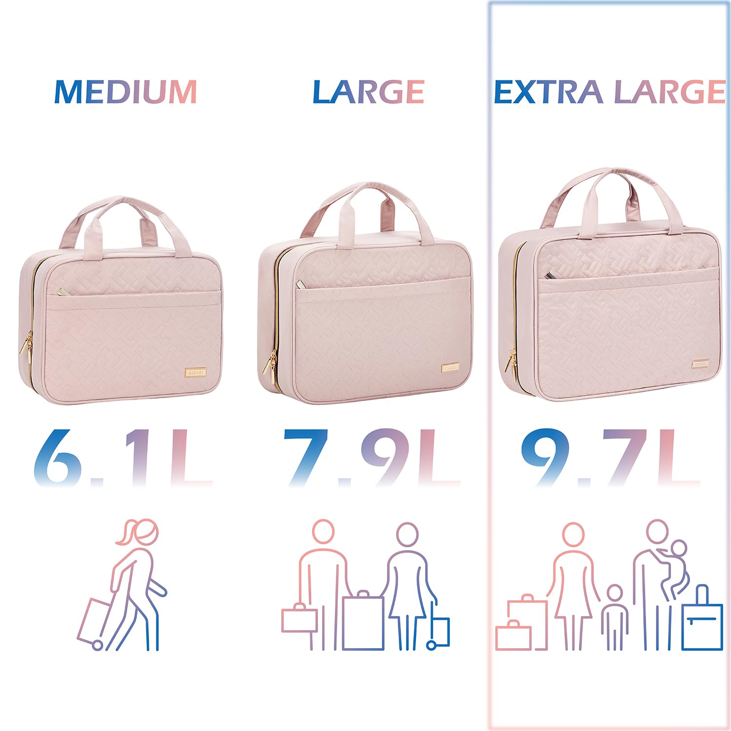 NISHEL pink travel toiletry bag, inside compartments keep cosmetics organized for quick selection.