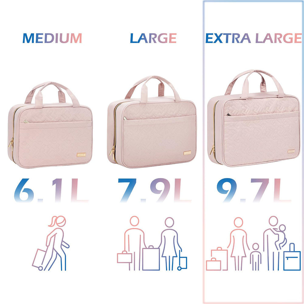 NISHEL pink travel toiletry bag, inside compartments keep cosmetics organized for quick selection.
