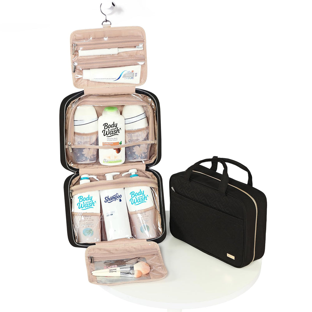 NISHEL travel toiletry bag zippered compartment adds secure storage for valuables.