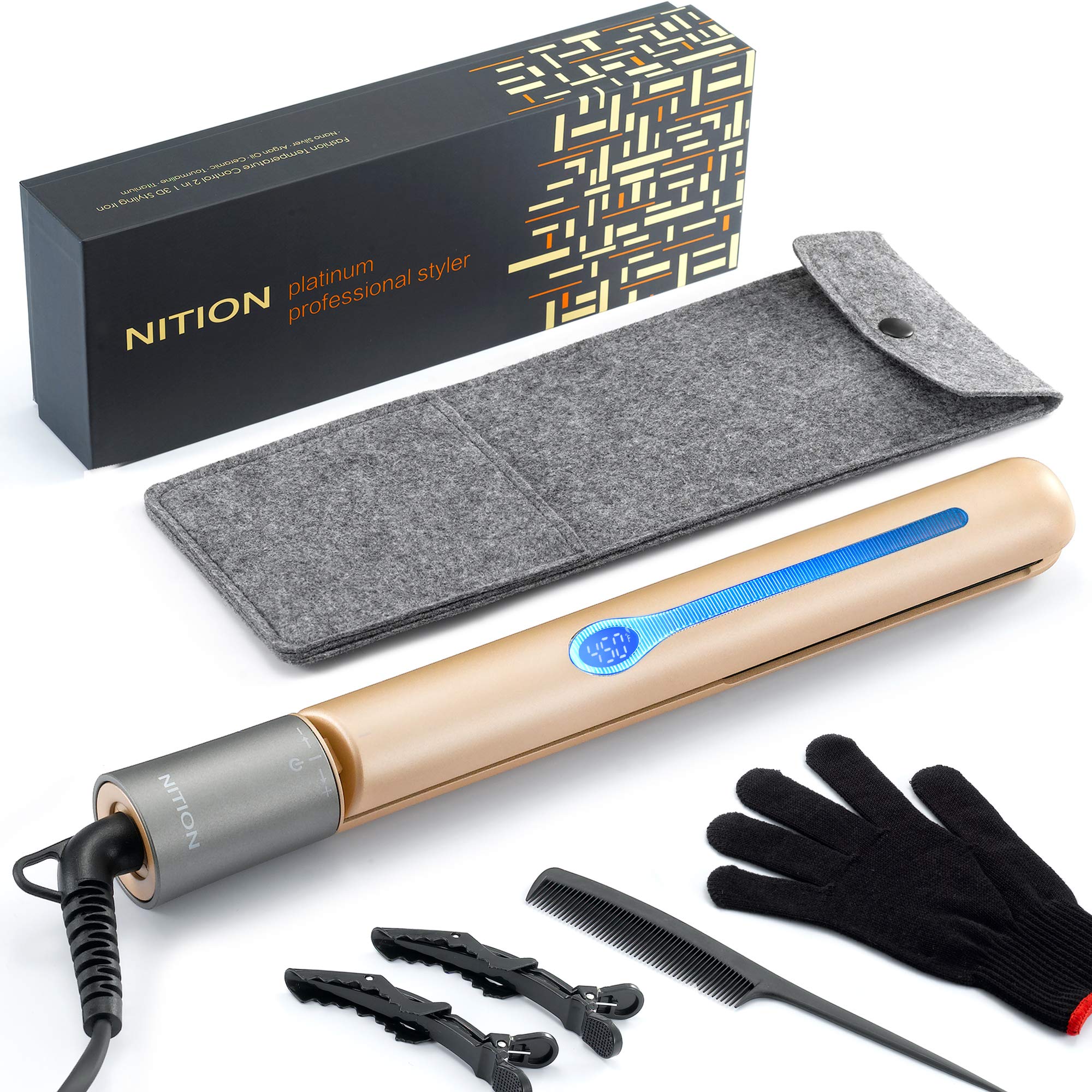 NITION ceramic tourmaline flat iron front view showing sleek design for quick styling