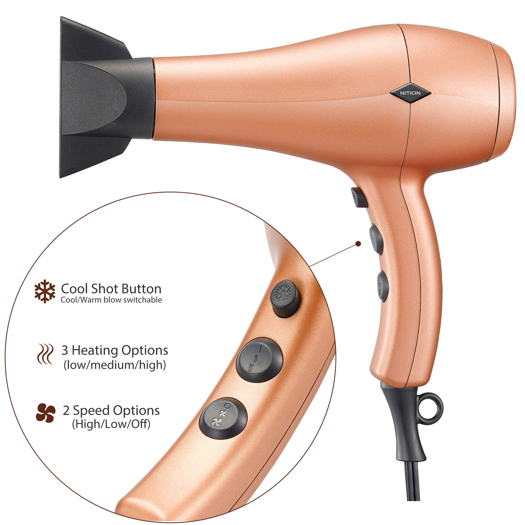 NITION hair dryer with concentrator attachment, precise airflow for smooth styling.