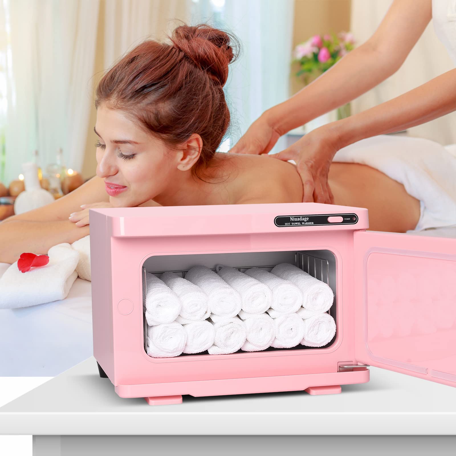 Niuadage 8L hot towel warmer cabinet pink interior view shows easy cleaning