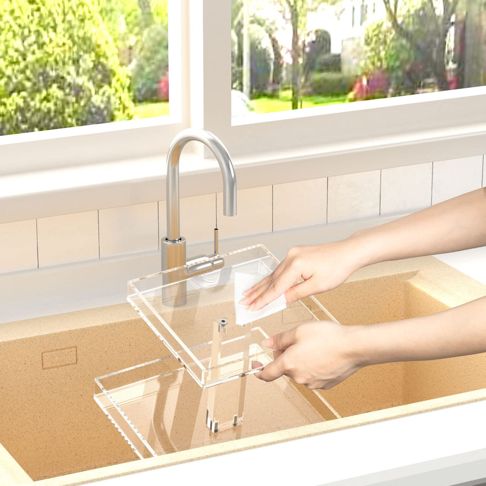NIUBEE clear organizer emphasizes stain resistance and easy wipe-clean care.