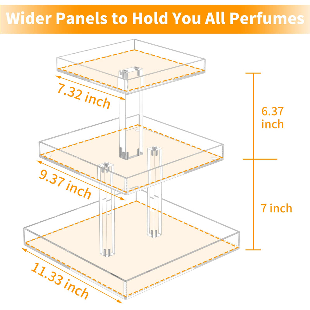 NIUBEE 3-tier bottom tray keeps larger bottles stable and accessible on dresser.