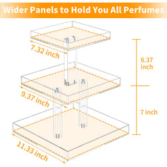 NIUBEE 3-tier bottom tray keeps larger bottles stable and accessible on dresser.