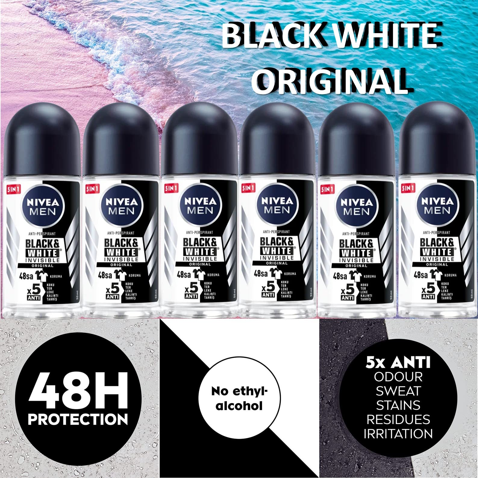 NIVEA Black & White Original roll-on invisible formula protects dark fabrics.