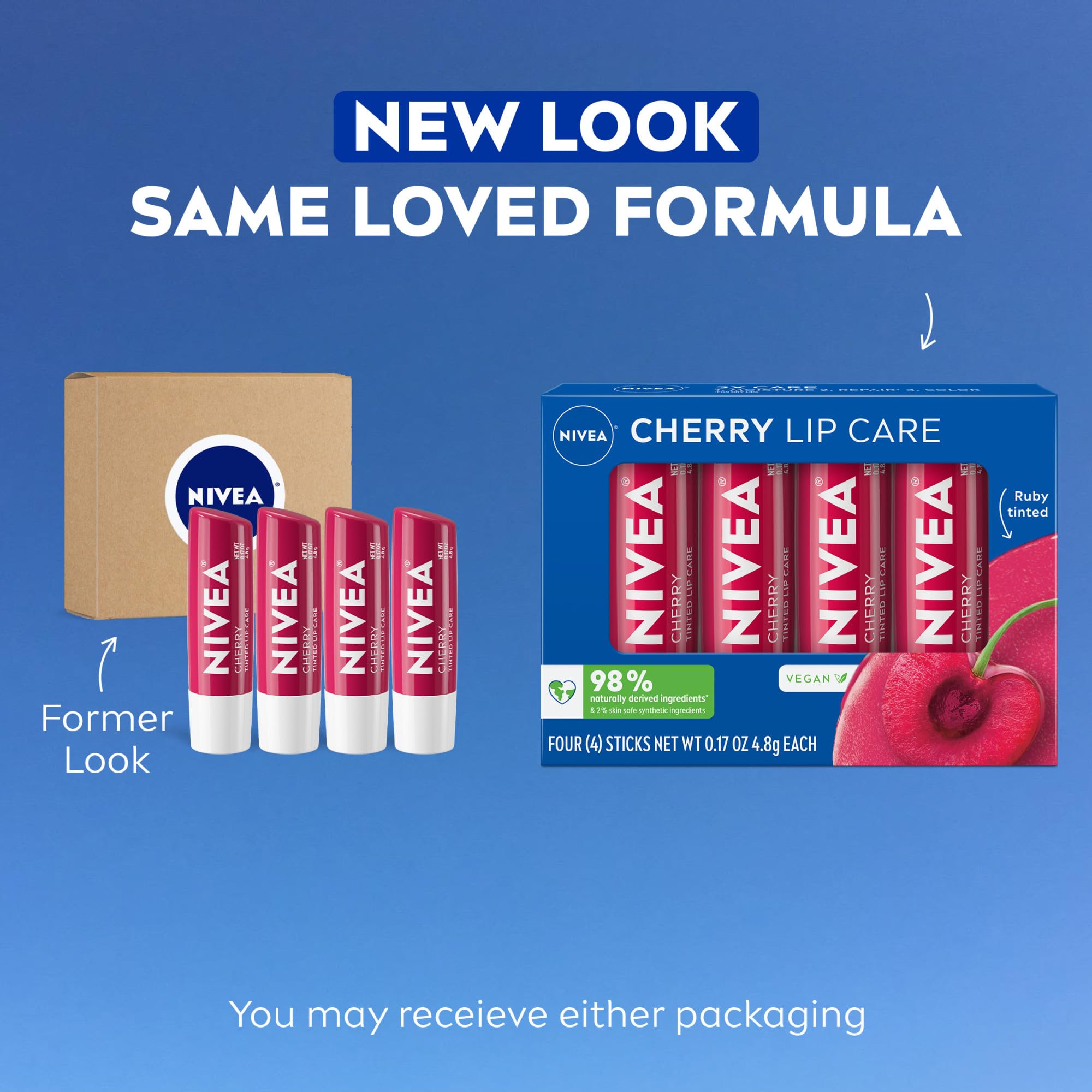 NIVEA Cherry Lip Care packaging highlights vegan formula and natural ingredients