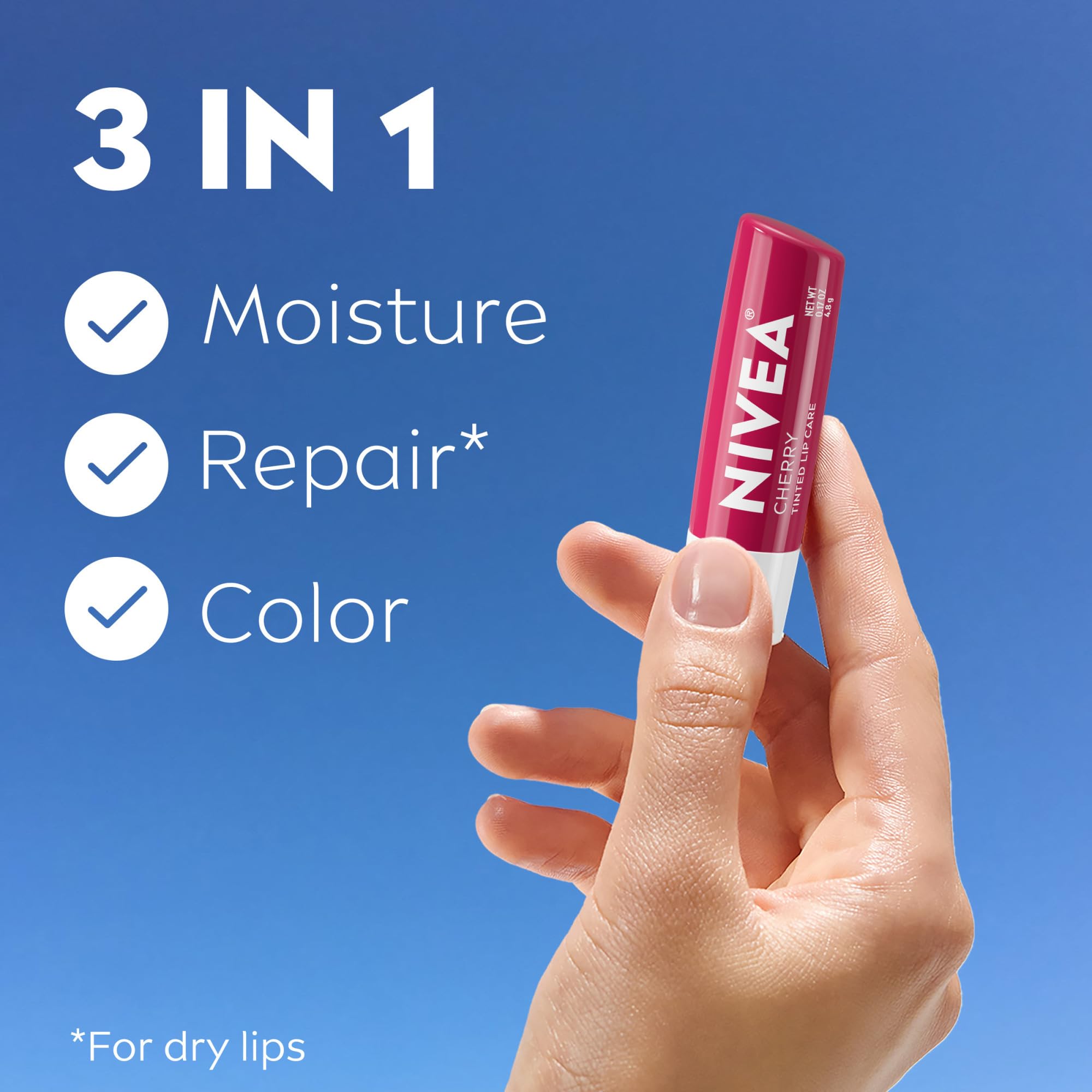 NIVEA Cherry Lip Care with shea butter texture on lips