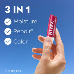 NIVEA Cherry Lip Care with shea butter texture on lips