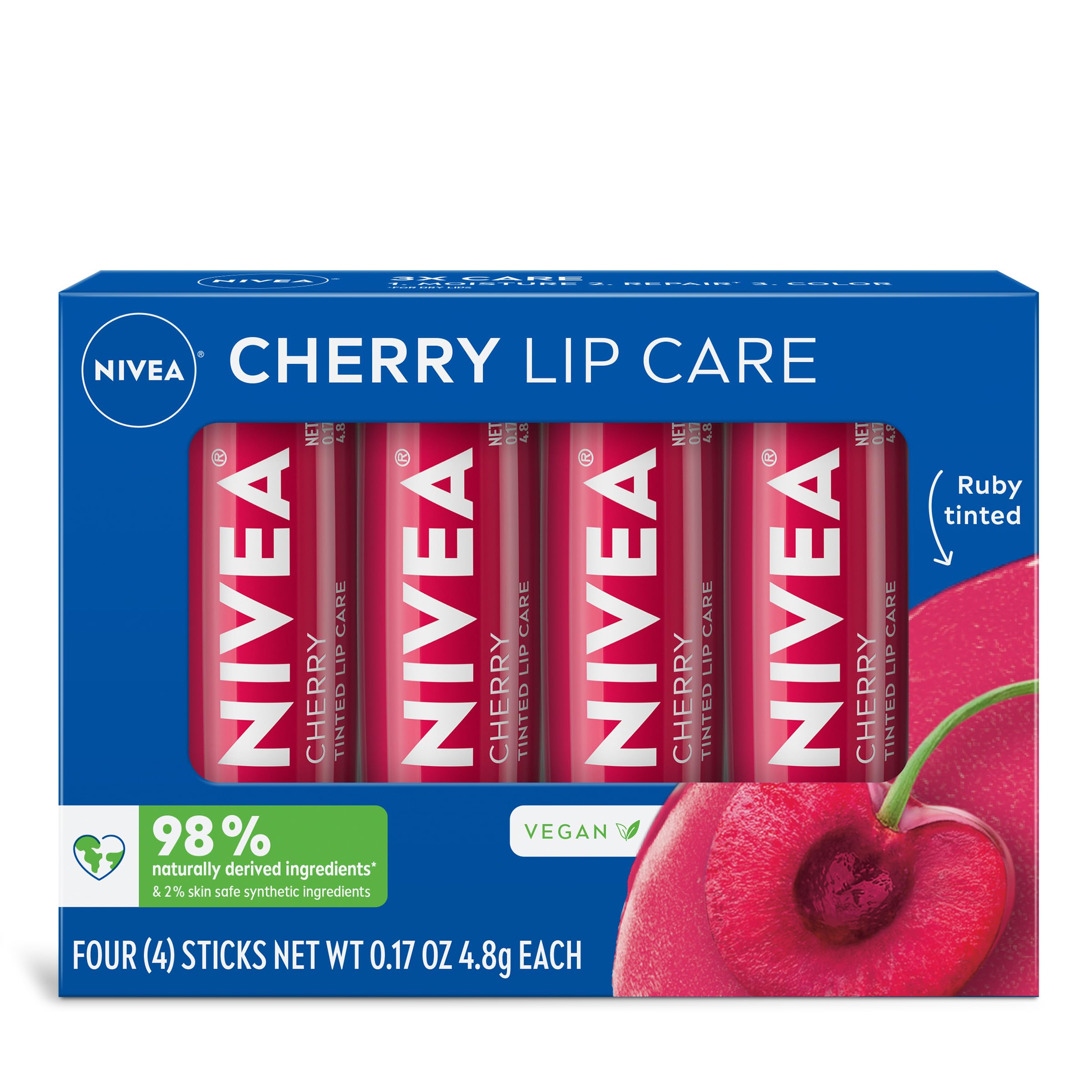 NIVEA Cherry Lip Care lip balm stick close-up showing ruby tint and hydration