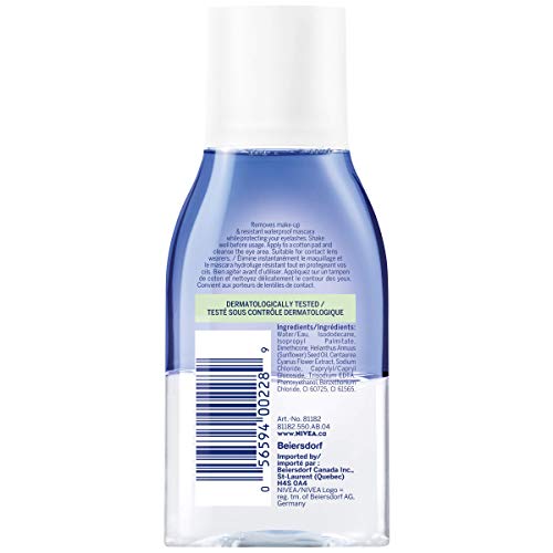 NIVEA Double Effect Eye Make-Up Remover bottle closeup shows dual-phase formula dissolving waterproof makeup.