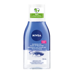 NIVEA Double Effect Eye Make-Up Remover bottle pours for easy dual-phase makeup removal.
